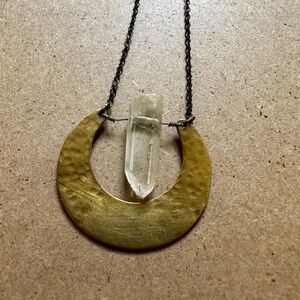 Handmade crescent necklace- hammered brass and quartz